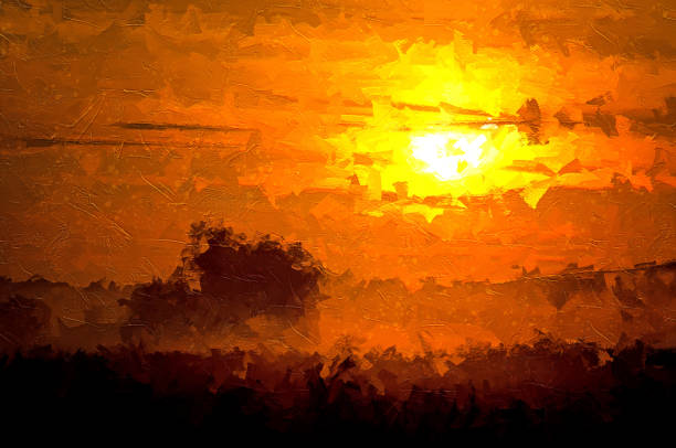 istock Impressionistic Style Artwork of the Sun Setting in a Smoky Western Sky 1221871604