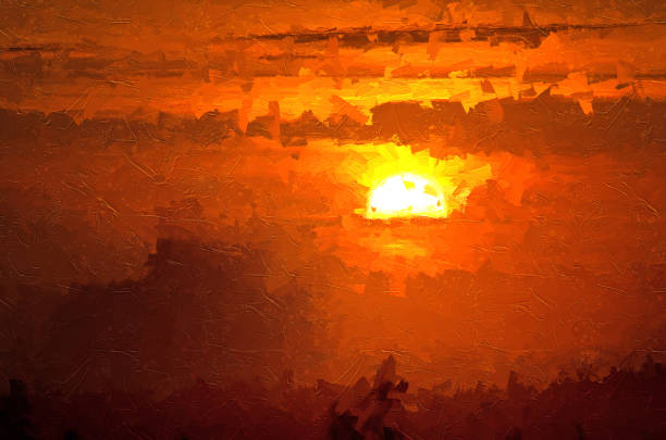 istock Impressionistic Style Artwork of the Sun Setting in a Smoky Western Sky 1221871614