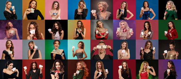 collage of females with make-up, in stylish dresses and jewelry. they smiling, showing aces and chips, posing on colorful backgrounds. poker, casino - gambling chip poker casino ace imagens e fotografias de stock