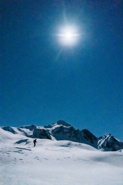 Skier keeping his hands up, standing on hill getting ready for a night ride. Beautiful illuminated ski pistes are down on background in night time. Concept of extreme sport