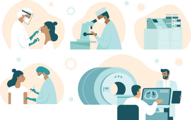 bildbanksillustrationer, clip art samt tecknat material och ikoner med coronavirus covid-19 illustration set. tester, lab arbetare, vaccin upptäckt, datortomografi scan - statistics corona