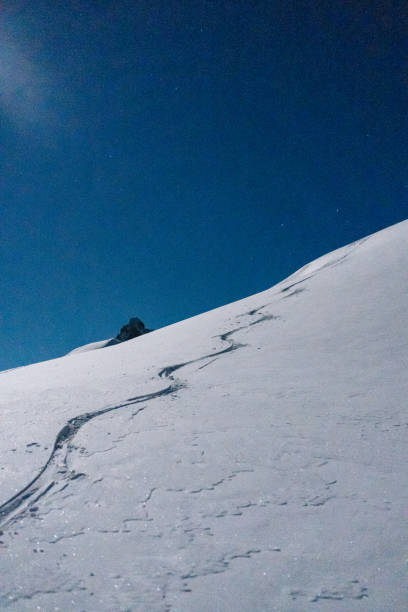 istock Backcountry ski tracks descend mountain 1221874696