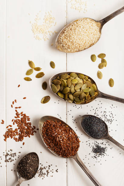 istock Superfoods in spoons on a white background 1221874777