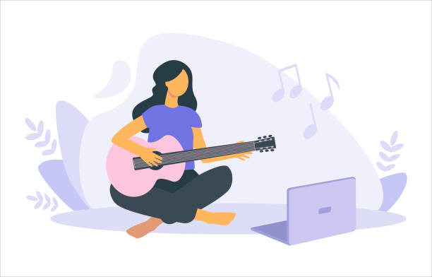 집에서 노트북으로 기타를 연주하는 소녀 전자 학습의 벡터 평면 그림. - 음악 일러 스트 stock illustrations