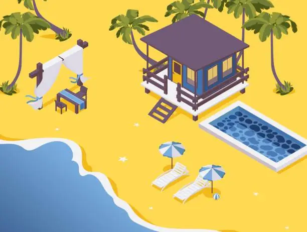 Vector illustration of Isometric bungalow with pool and dining table on the sea beach scene.