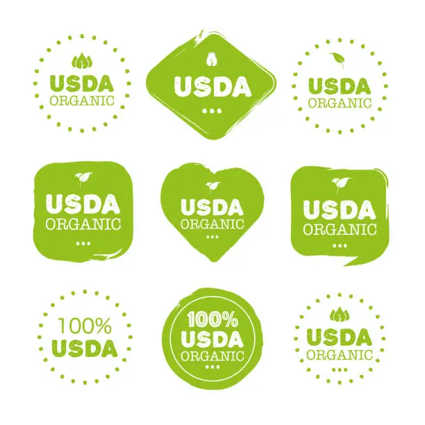Vector illustration of Fresh healthy USDA organic set logo labels and tags the different design and green color. Vector