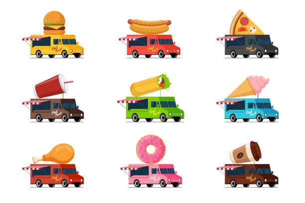 zestaw fast foodów. burger hot dog pizza napój milkshake shawarma kebab lody smażone kurczaka pączka kawy na dachu van. ulica kawiarnia dostawa koła serwis płaski wektor ilustracja - ice cream truck stock illustrations