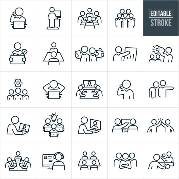 A set of working office culture icons that include editable strokes or outlines using the EPS vector file. The icons include business people working in different situations. They include a business person at their computer talking on a mobile phone, a person working at a computer on a standing desk, a boardroom full of business people working together, five business people with arms around shoulders, a business person carrying office supplies in a box, two business people each holding a puzzle piece, a business person giving a sales presentation, a business person using a bullhorn, a team of business people, business people in a boardroom taking part in a video conference, an employee being fired, a business person on their laptop, business person on their desktop computer, two business people working together at a computer, a high five between two business people, business team with arms folded and two business people playing a game of table tennis to name a few.