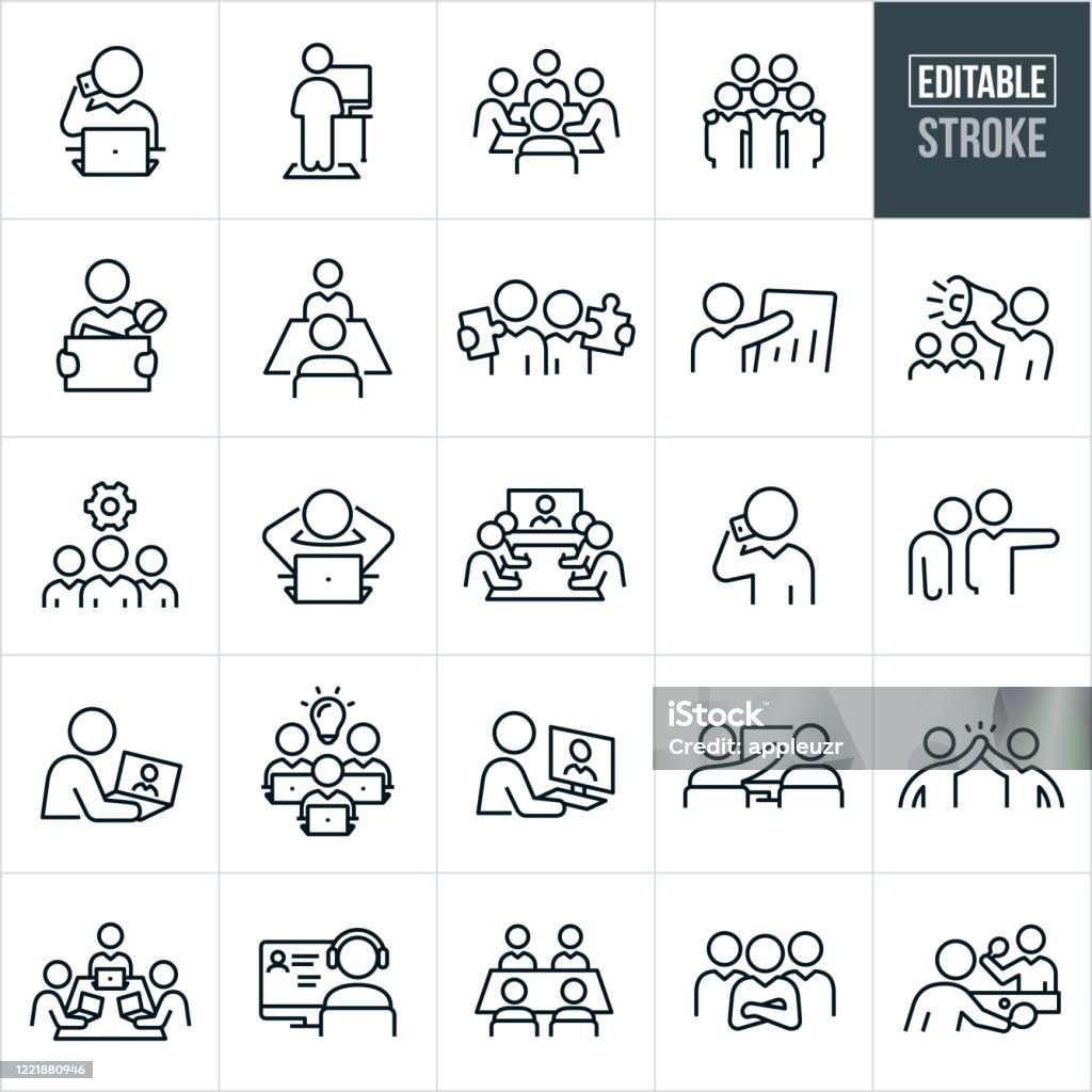 Working Office Culture Thin Line Icons - Editable Stroke A set of working office culture icons that include editable strokes or outlines using the EPS vector file. The icons include business people working in different situations. They include a business person at their computer talking on a mobile phone, a person working at a computer on a standing desk, a boardroom full of business people working together, five business people with arms around shoulders, a business person carrying office supplies in a box, two business people each holding a puzzle piece, a business person giving a sales presentation, a business person using a bullhorn, a team of business people, business people in a boardroom taking part in a video conference, an employee being fired, a business person on their laptop, business person on their desktop computer, two business people working together at a computer, a high five between two business people, business team with arms folded and two business people playing a game of table tennis to name a few. Icon stock vector