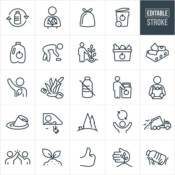Recycling Thin Line Icons - Editable Stroke A set of recycling icons that include editable strokes or outlines using the EPS vector file. The icons include a plastic water bottle with a recycle sign, person holding the earth, full bag of garbage, garbage can with recycle symbol, milk jug with recycle symbol, person picking up litter, person planting tree, recycle bin with recyclables, conveyor belt with recycling materials, environmentalist, ocean water with trash, plastic water bottle, person carrying a paper bag full of groceries, soda can floating in water, person littering by tossing garbage out car window, deforestation, garbage truck dumping garbage, two people giving a high five, thumbs up, plant growing from pile of garbage, plastic water bottle laying in the grass. bin bag stock illustrations