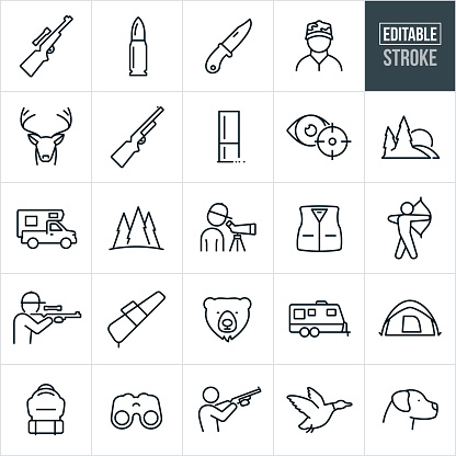 A set of hunting icons that include editable strokes or outlines using the EPS vector file. The icons include a rifle, bullet, hunting knife, hunter, buck deer, shotgun, shotgun shell, target, mountains, truck camper, hunter looking through a spotting scope, hunting vest, bow hunter, hunter shooting rifle, gun case, bear, RV trailer, tent, backpack, duck and hunting dog to name a few.