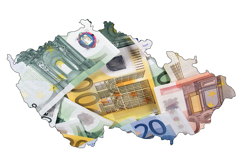 Map of Czech Republic covered with euro banknotes.