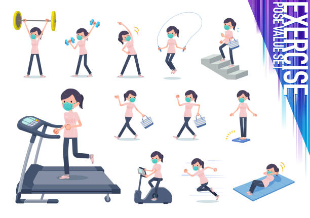 flat type mask medical staff women_exercise A set of Medical staff women wearing N95mask on exercise and sports.There are various actions to move the body healthy.It's vector art so it's easy to edit. professional runner stock illustrations