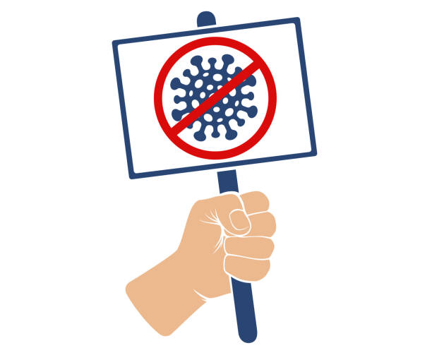 Poster of stop coronavirus. Vector illustration of a hand with poster. Poster of stop coronavirus. Protest. copyright free medical stock illustrations