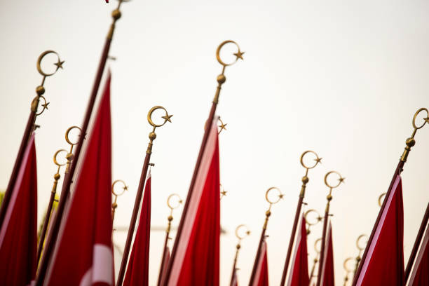 Turkish flags close up Turkish flags carrying students at festival of Republic Day of Turkey. aegean turkey photos stock pictures, royalty-free photos & images
