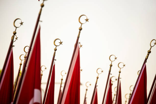 Turkish flags close up Turkish flags carrying students at festival of Republic Day of Turkey. red pennant stock pictures, royalty-free photos & images