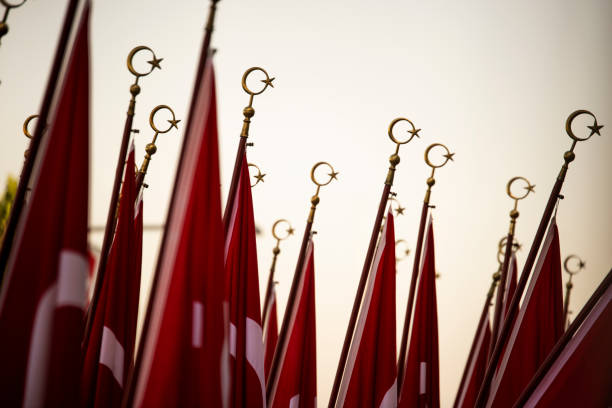 Turkish flags close up Turkish flags carrying students at festival of Republic Day of Turkey. number 19 stock pictures, royalty-free photos & images