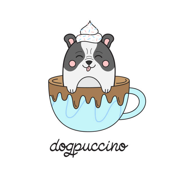 Cute dog in cappuccino Cute dog in cappuccino vector illustration. Funny hand drawn french bulldog puppy in coffee mug with whipped cream dollop on head and chocolate drizzle with dogpuccino writing. Isolated. dollop whipped cream stock illustrations