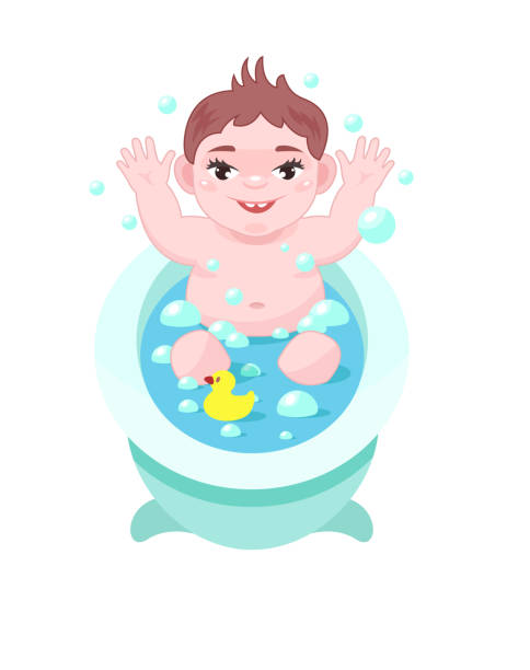 Little cute baby bathes in bath with water, has fun. Little cute newborn baby boy. Happy baby bathes in bath with water, has fun. Child frolics, plays toys, laughs, with joyful expression on face. Vector illustration. potty mouth stock illustrations