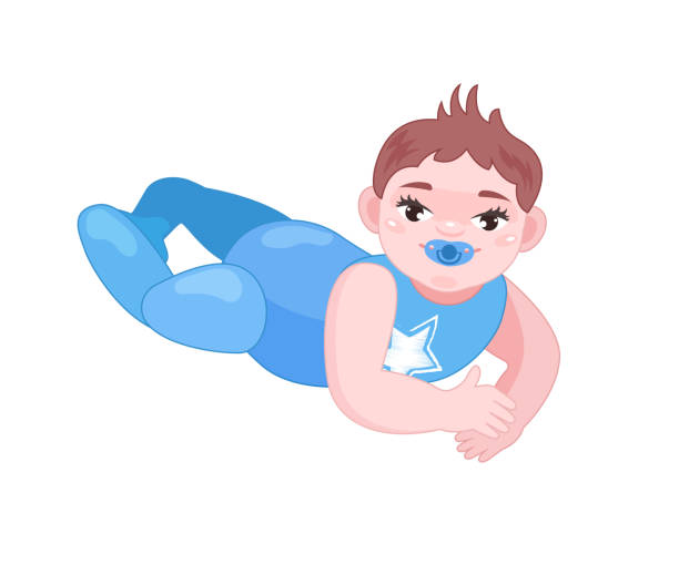 Baby with pacifier lies in children's clothes on floor. Vector illustration. Little cute newborn baby boy. Baby with pacifier lies in children's clothes on floor. Vector illustration. potty mouth stock illustrations