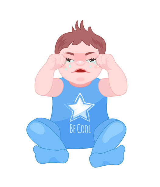 Baby is upset, crying, sitting in children's clothes on floor. Little cute newborn baby boy. Baby is upset, crying, sitting in children's clothes on floor. Child was upset, rubs his hands with his eyes, with sad expression on his face. Vector illustration. potty mouth stock illustrations