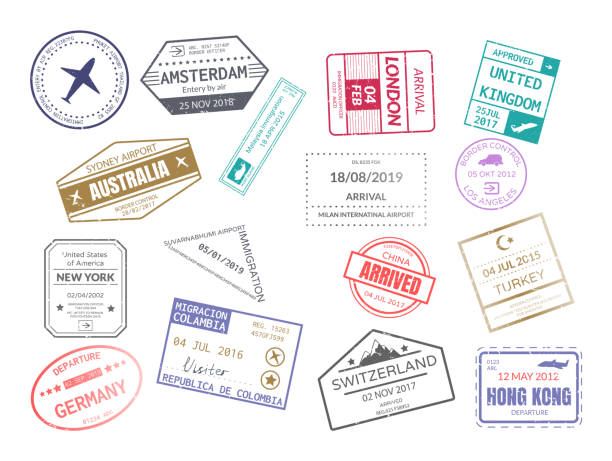 ilustrações, clipart, desenhos animados e ícones de carimbo vintage no passaporte para viajar um passaporte aberto. - postage stamp postmark mail paris france
