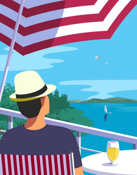 Vector illustration of Man on balcony enjoys lakeside landscape