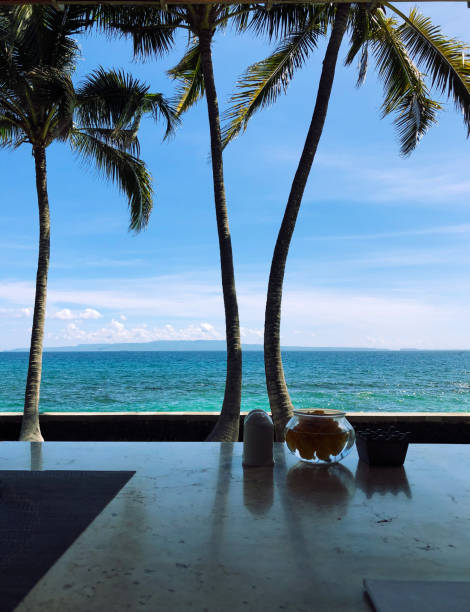 istock Outdoor cafe table with beautiful ocean view 1221897773