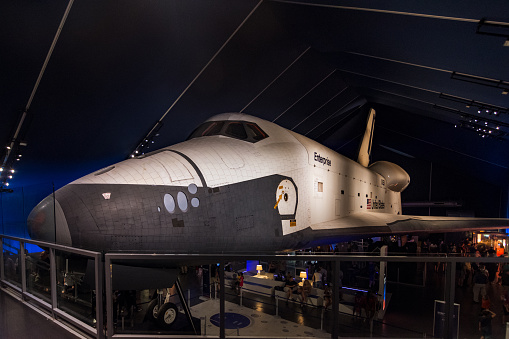 New York, NY / USA - July 24, 2019: Space Shuttle Enterprise was the first orbiter of the Space Shuttle system. Rolled out on September 17, 1976, it was built for NASA as part of the Space Shuttle program to perform atmospheric test flights after being launched from a modified Boeing 747.