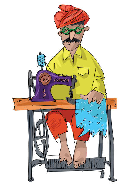 An indian street tailor An indian street tailor sews with pedal machine at his work stall. Caricature. Sketch. kathmandu people stock illustrations