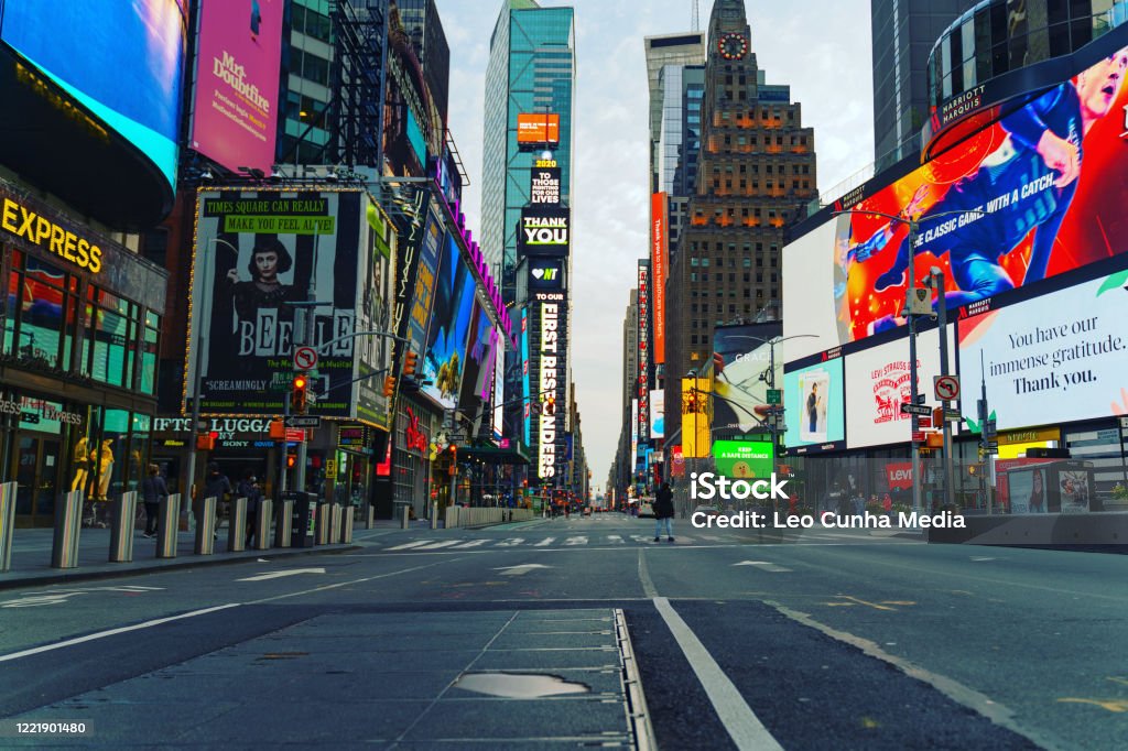 Times Square during pandemic A view of eerily quiet and empty Times Square amid Coronavirus(Covid-19) Pandemic. Times Square - Manhattan Stock Photo