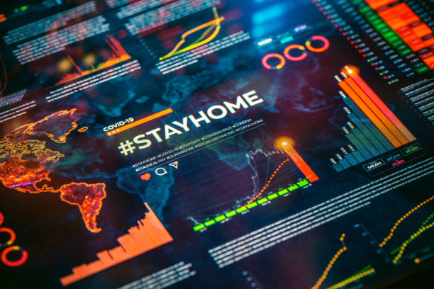 istock #stayhome. Stay home hashtag close-up on digital display 1221901509