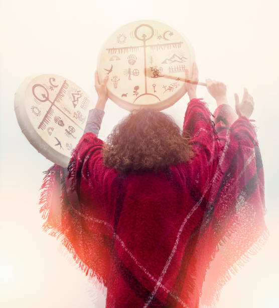 Curly hair shaman woman and  shamanic drum,Drum of the shaman