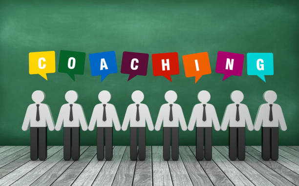istock Pictogram People with COACHING Bubble Speech on Chalkboard - 3D Rendering 1221902684