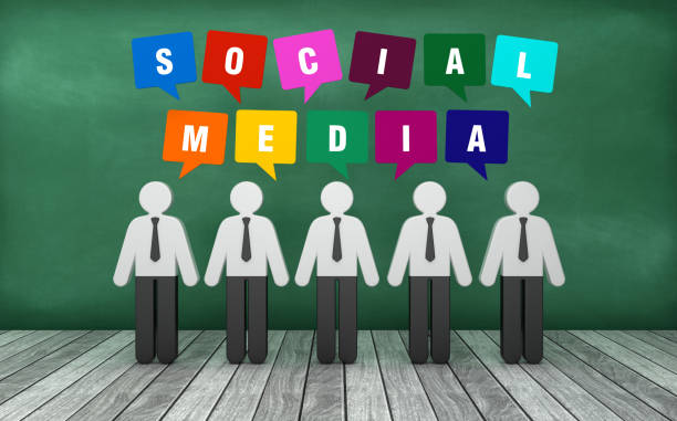 istock Pictogram People with SOCIAL MEDIA Bubble Speech on Chalkboard - 3D Rendering 1221902714