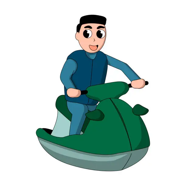Vector illustration of happy cartoon man wearing a wetsuit and a water vest on a jet ski. white background isolated vector illustration