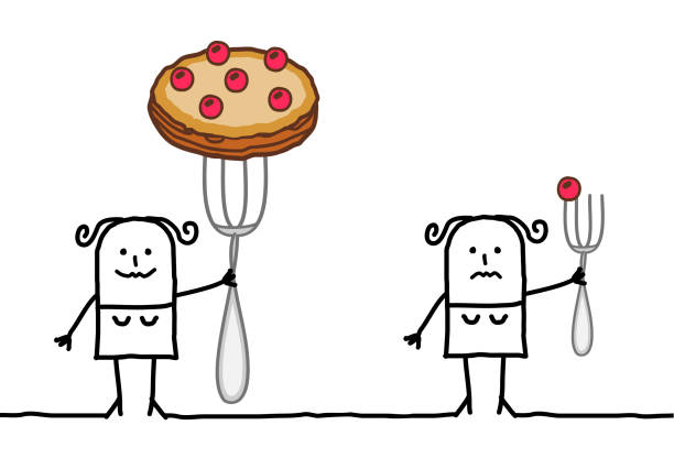 Cartoon Woman With A Big Pie On A Fork Next To Another One With Just A  Small Cherry Stock Illustration - Download Image Now - iStock