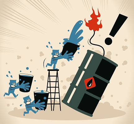 Blue Characters Vector Art Illustration.
Group of people using water to put out (to extinguish) a fire, to stop the oil barrel (oil drum) bomb. Crude Oil Prices falling down due to a collapse in demand caused by the Coronavirus pandemic and a lack of storage capacity for excess supply. 
Pandemic and the global economic impact of Coronavirus COVID-19.