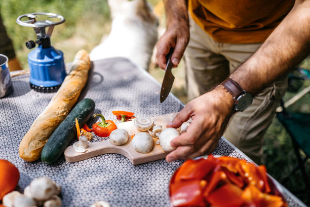 ピクニックでのおいしい食事の準備 - キャンプ　準備 ストックフォトと画像