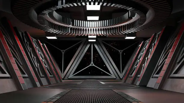 Photo of sci fi  corridor with view of space galaxy 3d rendering