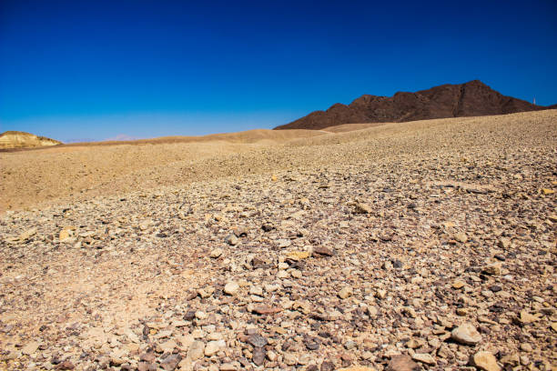 waste land empty dead dry country side space climate changes ecology environmental disaster on place of garden in past soft focus stone ground surface and bare mountains background
