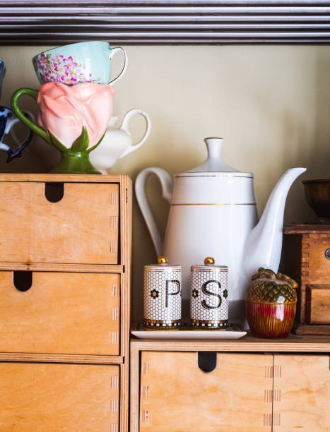 istock Coffee and tea pot variety on the kitchen shelf 1221913059