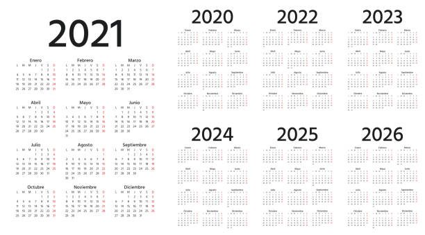 ilustraciones, imágenes clip art, dibujos animados e iconos de stock de calendario español 2021, 2022, 2023, 2024, 2025, 2026, 2020 años. ilustración vectorial. plantilla simple. - spain
