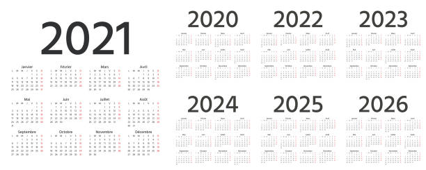 French Calendar 2021, 2022, 2023, 2024, 2025, 2026, 2020 years. Vector illustration. Template planner. French Calendar 2021, 2022, 2023, 2024, 2025, 2026, 2020 years. Vector. Week starts Monday. France calender template. Yearly stationery organizer. Minimal design. Simple illustration, french language. 2024 stock illustrations