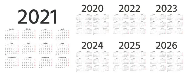 Vector illustration of French Calendar 2021, 2022, 2023, 2024, 2025, 2026, 2020 years. Vector illustration. Template planner.