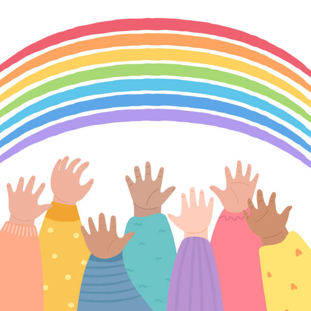 дети поднимают руки к радуге. многие дети рука об руко оружие вместе. подняты руки вверх, разнообразие и концепция дружбы. - rainbow preschooler baby child stock illustrations