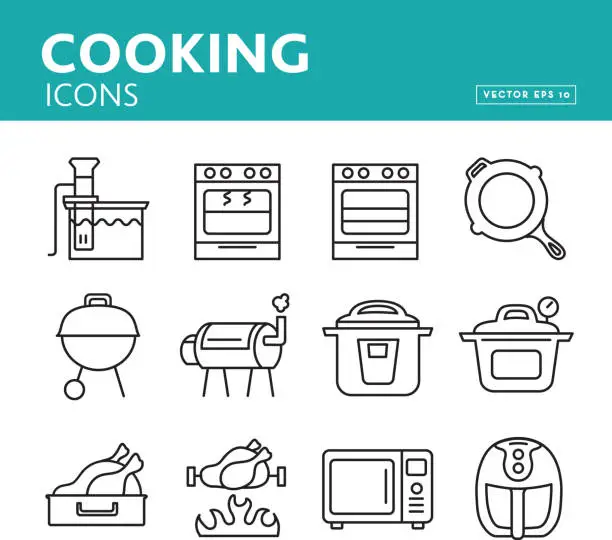 Vector illustration of Set of Cooking methods and appliances in thin line style