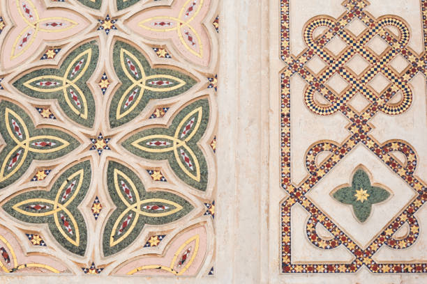 Close up details of the mosaics on the facade of the famous Duomo, Italy's boldest and most impressive Romanesque Gothic Cathedral, Orvieto, Italy, Europe
