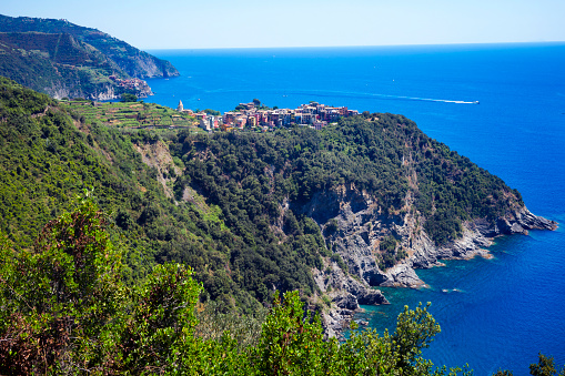 Distant view of Corneglia cliffside village from the famous hiking trail one hour walk north, heading toward Vernazza, Cinque Terre, Italy, Europe
