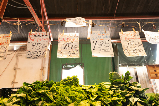 In St. Louis, United States a fresh leafy greens are on display for sale at the historic Soulard farmers market.